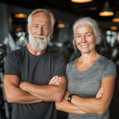 Grup de adulți maturi practicând yoga la StrongLab